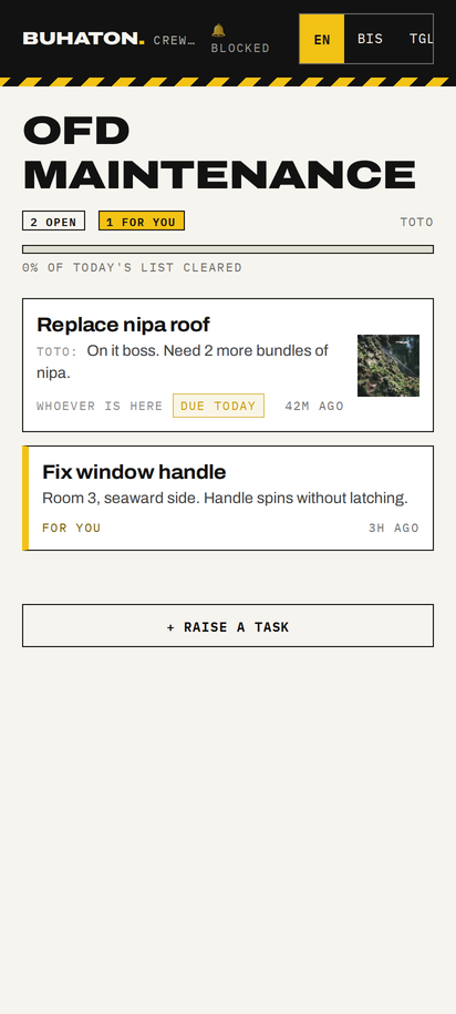 The crew's task list on their phone: two open tasks, one marked for you