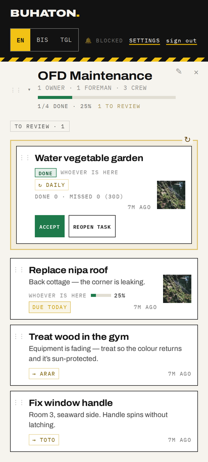 Owner dashboard listing open tasks with due dates and who they are assigned to