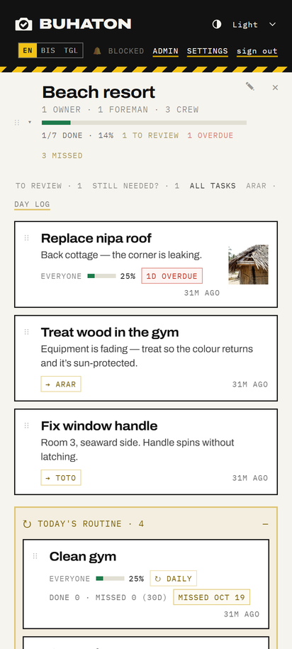 Owner dashboard listing open tasks with due dates and who they are assigned to