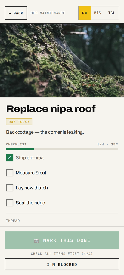 Task page with the reference photo, the description and a checklist