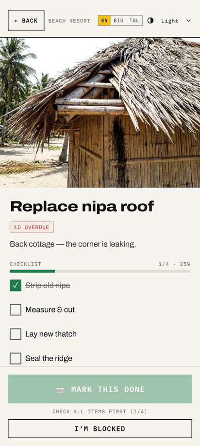 Task page with the reference photo, the description and a checklist