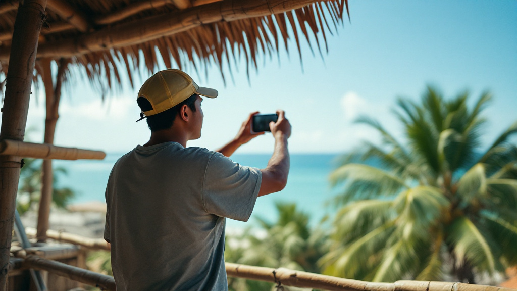 A crew member on a bamboo scaffold photographing a nipa roof with his phone, sea and palms behind