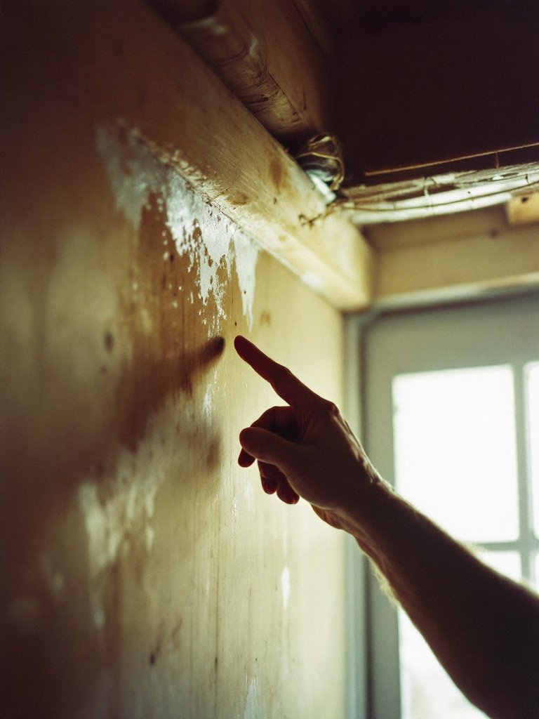 A hand pointing at water stains on the underside of a roof corner