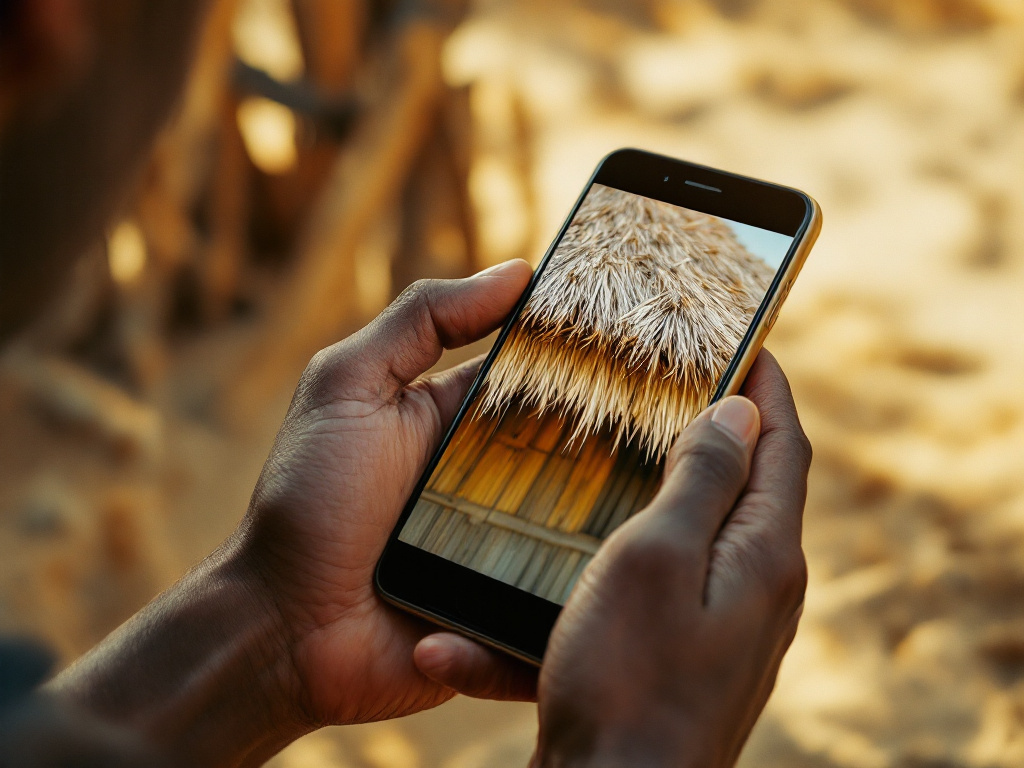 Hands holding a phone showing a photo of a freshly thatched roof corner