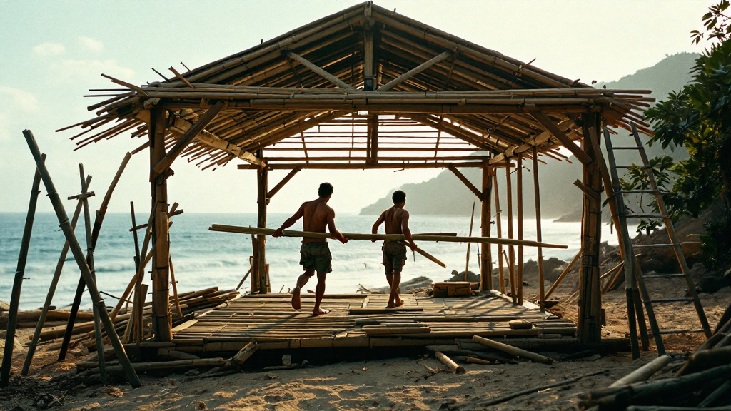 A bamboo pavilion under construction on the beach at dawn, two workers carrying poles